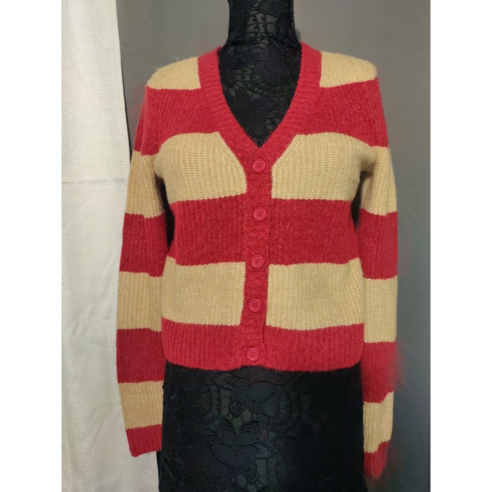 American Eagle‎ Red Beige Stripe Knit Crop Long sleeve Button Sweater Size S